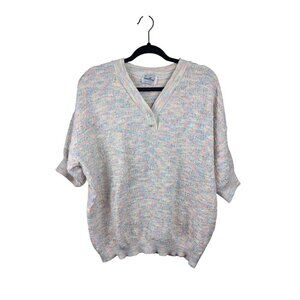 Multicolor Knit Short Sleeve Sweater With Button Detail 1X 90% Cotton 10% Polyes